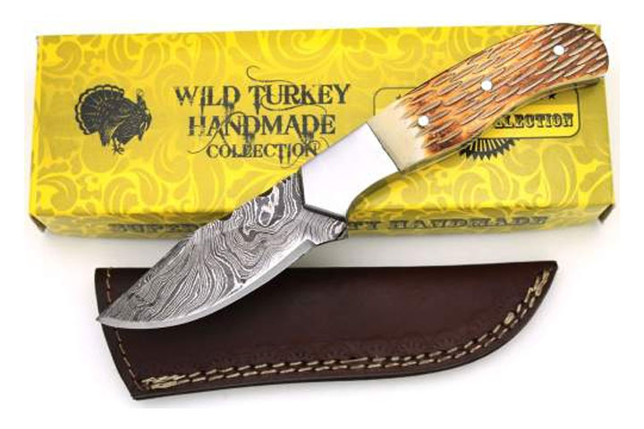 Wild Turkey Handmade Damascus Burned Bone Handle F...