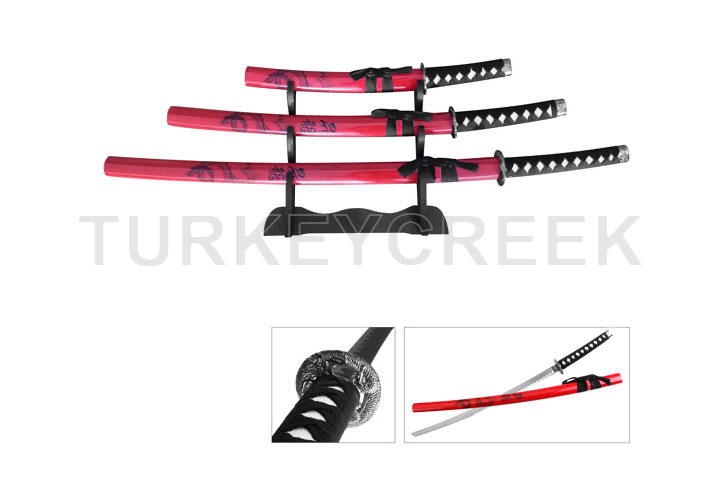 3 Pcs Red Dragon Samurai Sword Set W/ Stand