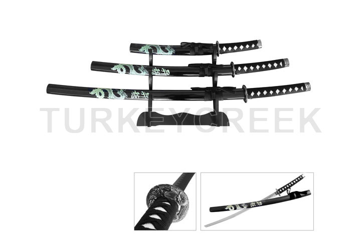 3 Pcs Black Dragon Samurai Sword Set W/ Stand