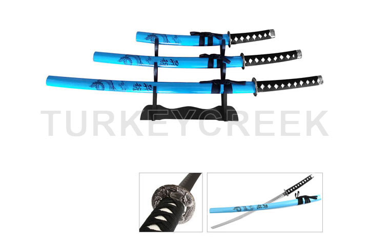 3 Pcs Samurai Sword Set Blue W/ Stand