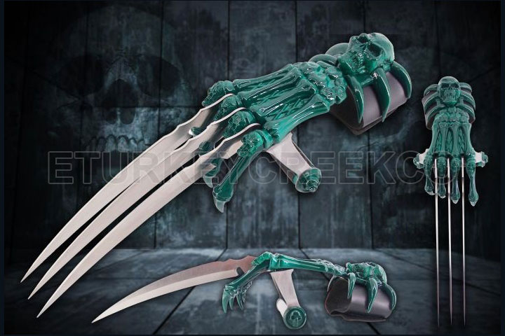 Green Blue Skull & Bones Gauntlet Style Hand Claws